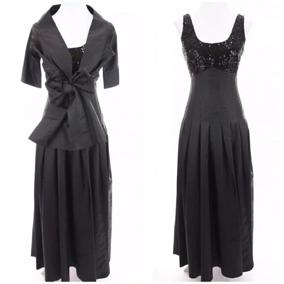 Calvin Klein Long Formal Black Sequin Pleated Ball Gown Dress Jacket Set Sz 6 - Picture 1 of 12